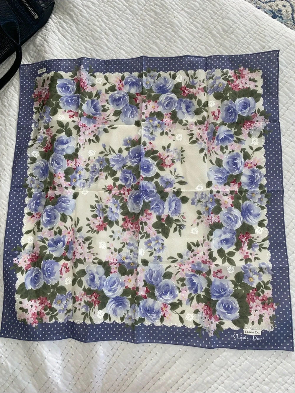 Dior Floral Silk Scarf in Lavender Blue, Cream & Green